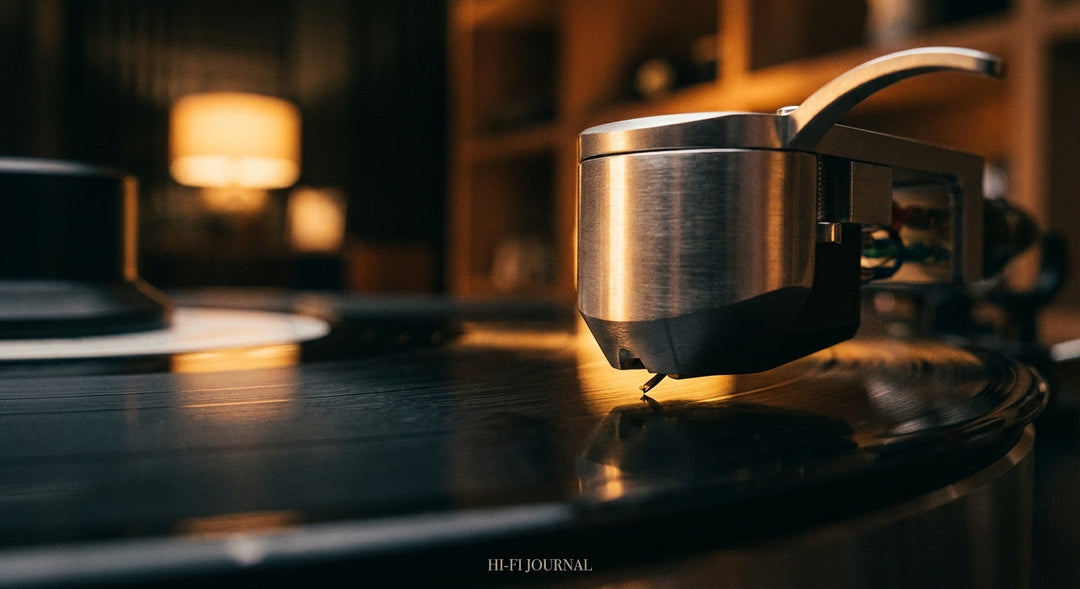 A macro close-up of a phono cartridge stylus poised above the grooves of a spinning vinyl record, bathed in warm golden light.