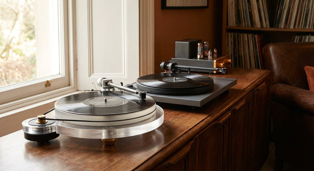 Two elegant turntables placed side by side on a walnut wood surface, bathed in warm natural light, with tonearms resting over vinyl records.
