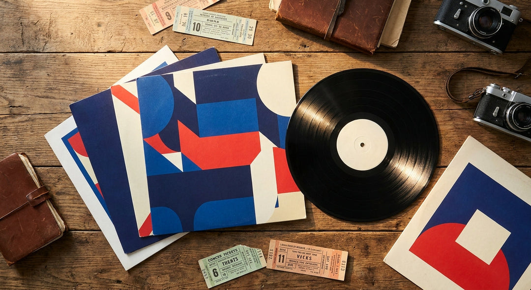 A collection of vintage vinyl records with bold 90s-era sleeve artwork fanned out on a rustic wooden surface, bathed in warm natural light.