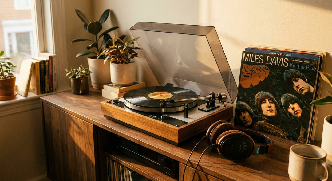 A vintage-style turntable spinning a vinyl record on a warm wooden sideboard, surrounded by headphones and stacked record sleeves in soft golden afternoon light.