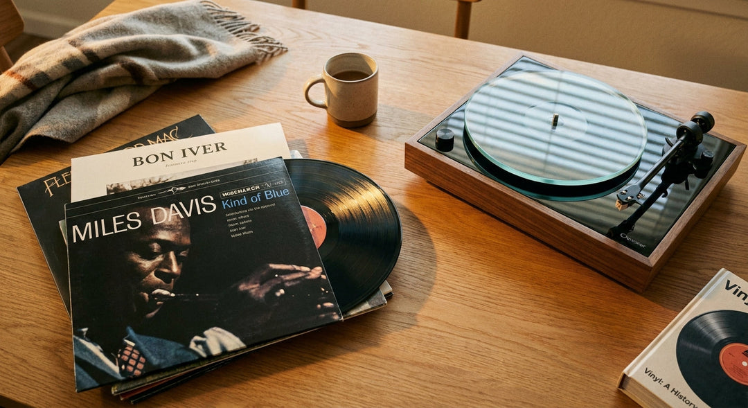 A modern turntable and a small stack of vinyl records arranged on a warm oak surface in soft golden light, evoking the warmth of a home listening session.