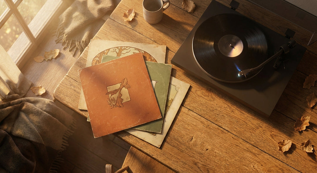 A warm golden-lit flat-lay of vintage folk vinyl record sleeves fanned out around a modern turntable on a weathered oak surface.