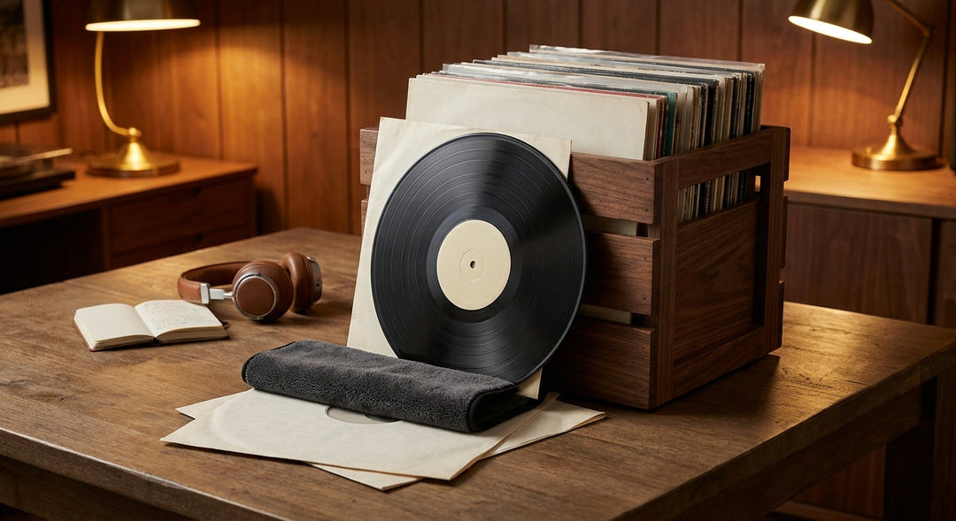 A vinyl record partially pulled from a wooden crate surrounded by care accessories including a microfiber brush and inner sleeve, bathed in warm studio lighting.