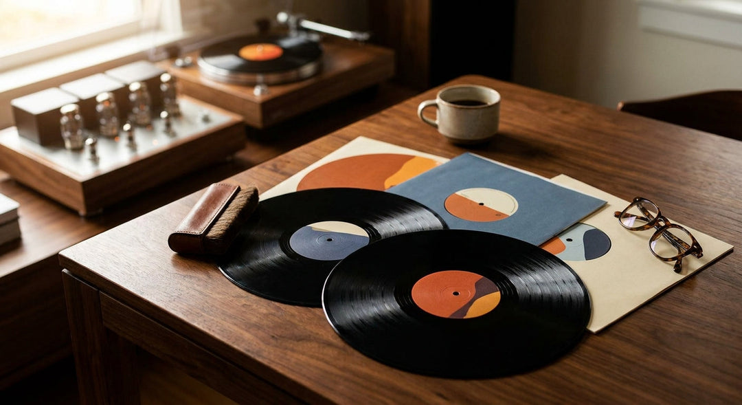 Several vinyl records fanned out on a warm walnut surface with a blurred high-end turntable in the background, bathed in warm amber studio lighting.