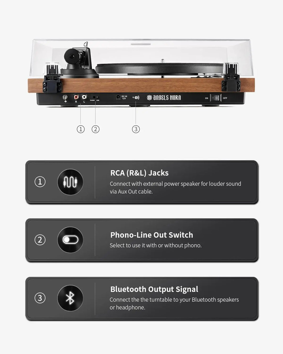 Angels Horn H002BT-OR Bluetooth Turntable Vinyl Record Player (Walnut) Angels Horn