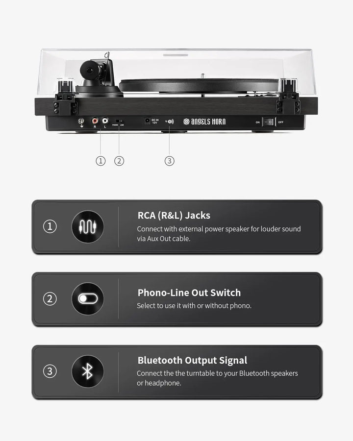 Angels Horn H002BT-BK Exceptional Quality Vintage Wooden Bluetooth Turntable Vinyl Player - AngelsHorn