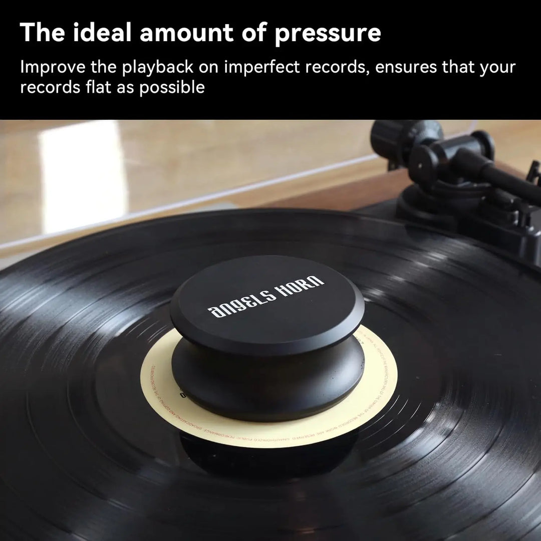 Angels Horn  HiFi Vinyl Record Weight Stabilizer High Mass 303 gram Aluminum LP Disc Turntable Accessory with Oxide plating layer and  Protective Leather Pad for Vibration Damping Angels Horn