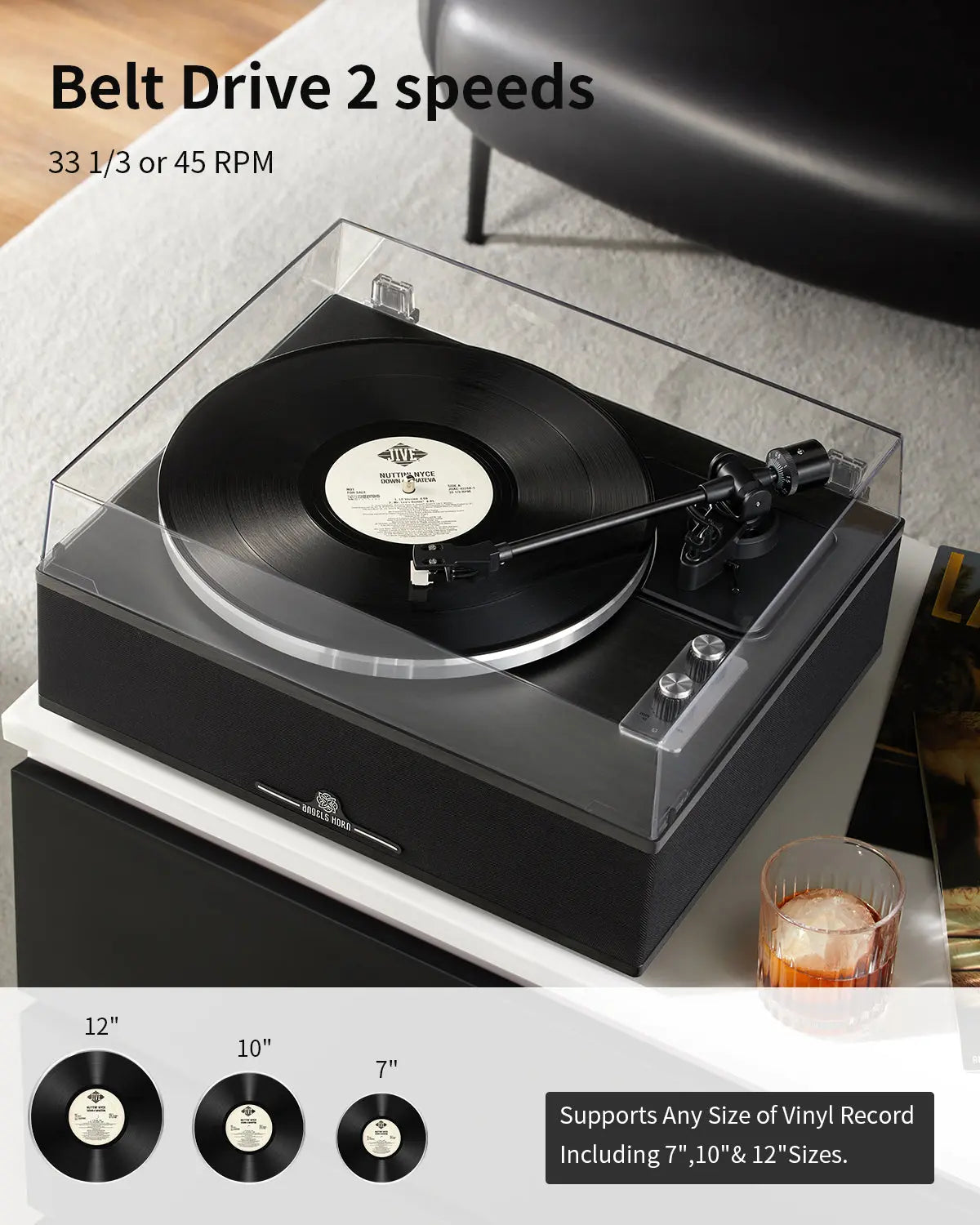 Angels Horn H019 Hi-Fi Bluetooth Turntable with Built-in Speakers vintage  record player