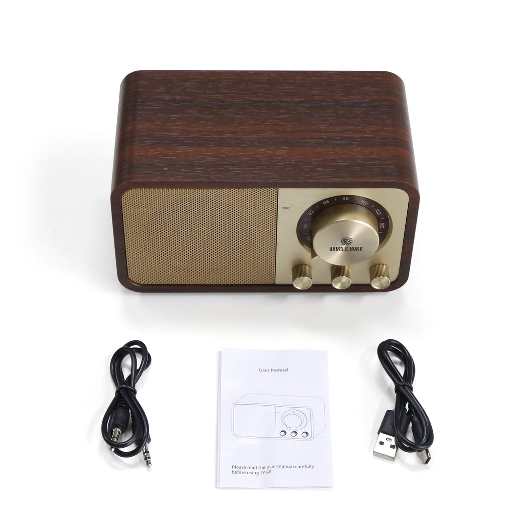 Angels Horn FR01 Vintage Bluetooth Speaker & FM Radio | Retro Wooden Home Audio, Powerful Bass, TF Card/AUX Input, Portable Wireless Speaker for Home, Office, Decor (Walnut Wood)