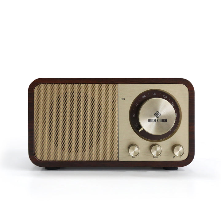 Angels Horn FR01 Vintage Bluetooth Speaker & FM Radio | Retro Wooden Home Audio, Powerful Bass, TF Card/AUX Input, Portable Wireless Speaker for Home, Office, Decor (Walnut Wood)
