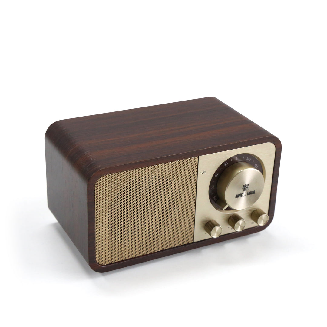 Angels Horn FR01 Vintage Bluetooth Speaker & FM Radio | Retro Wooden Home Audio, Powerful Bass, TF Card/AUX Input, Portable Wireless Speaker for Home, Office, Decor (Walnut Wood)