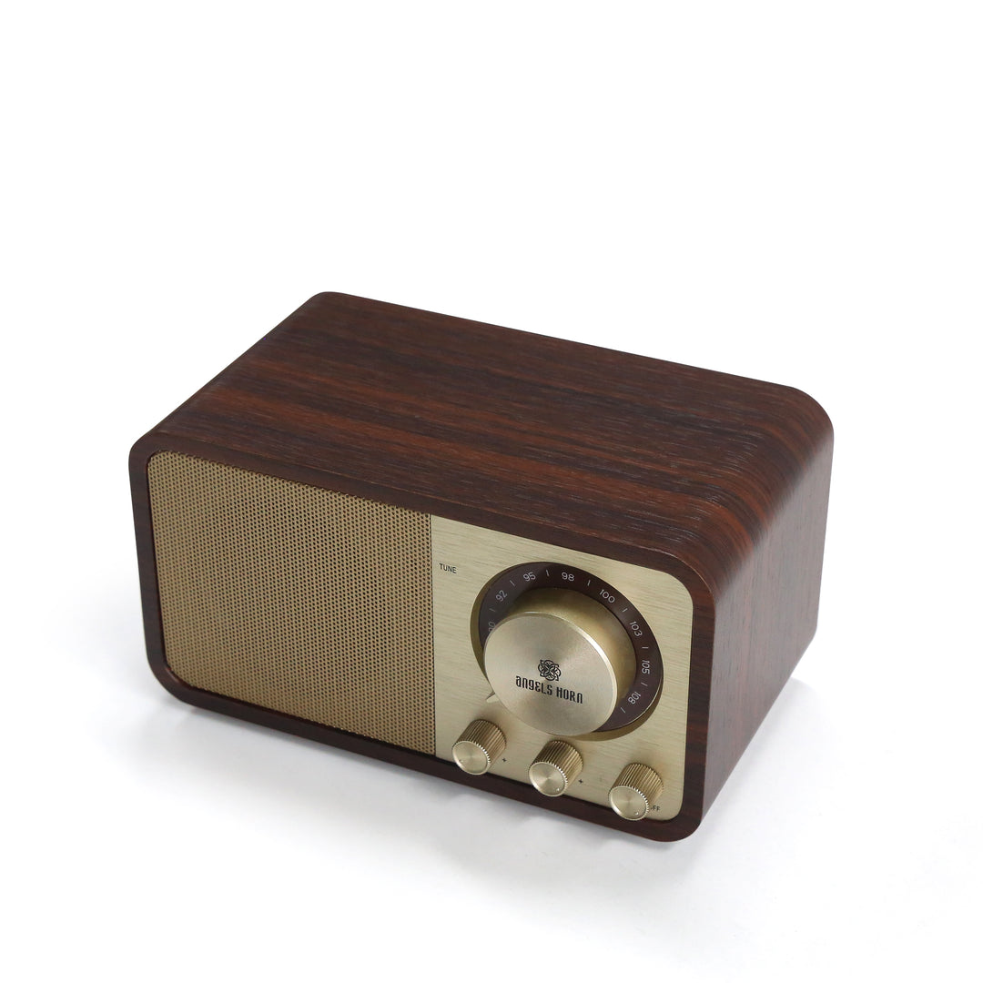 Angels Horn FR01 Vintage Bluetooth Speaker & FM Radio | Retro Wooden Home Audio, Powerful Bass, TF Card/AUX Input, Portable Wireless Speaker for Home, Office, Decor (Walnut Wood)