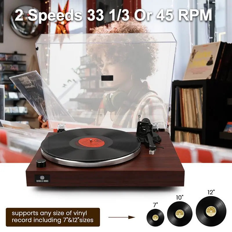 ANGELS HORN H003-OR Bluetooth Turntable Vinyl Record Player (Red Brown) - AngelsHorn